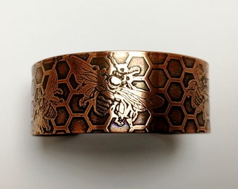 Copper bee on honeycomb cuff. Solid copper cuff