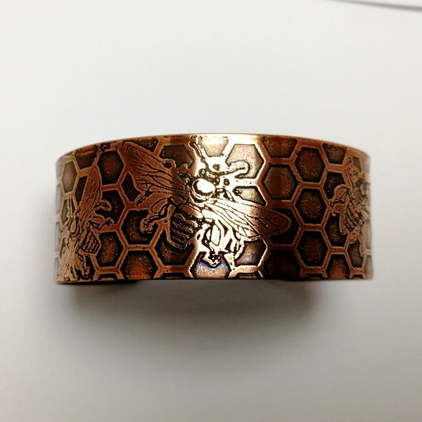 Copper bee on honeycomb cuff. Solid copper cuff