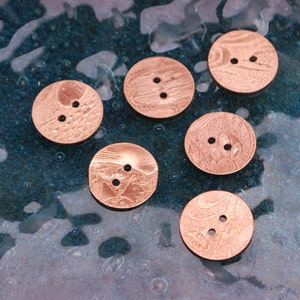 Copper Buttons - Handmade spiral copper buttons - Medium Etched flat copper buttons - x6