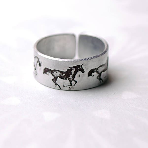 Horse ring, Kelpie ring, running horses, wild horse ring, equine jewelry, embossed fashion ring, artisan jewelry, nickel free ring,