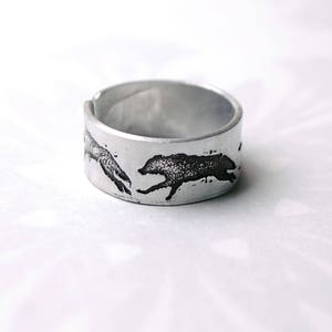 Wolf ring, running wolves, wild dog ring, Odin ring, Wednesday's wolves, howl ring, embossed jewelry, silver wolf, metal wolves