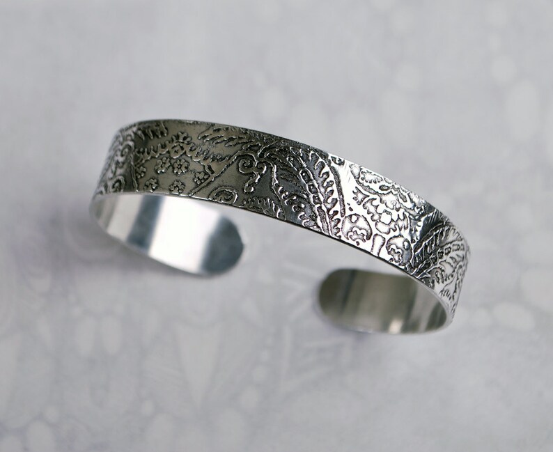 Embossed cuff silver aluminium Indian floral design patina image 4