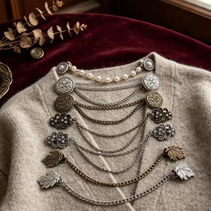 May include: A collection of seven metal cardigan clips arranged vertically on a beige knit sweater. The clips feature various designs including round embossed buttons, leaf shapes, and faux pearls, all connected by silver or bronze tone chains.