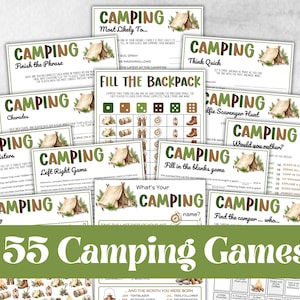 May include: A collection of 55 camping games, featuring various card designs with the word "CAMPING" and illustrations of tents. Games include "Finish the Phrase," "Charades," and "I Spy," with a green and white color scheme.