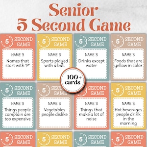 Puede incluir: Un juego llamado "Senior 5 Second Game" con tarjetas que presentan indicaciones para nombrar tres cosas en cinco segundos. El juego incluye más de 100 tarjetas. Las indicaciones incluyen "Nombres que empiezan por 'P'" y "Alimentos de color amarillo".