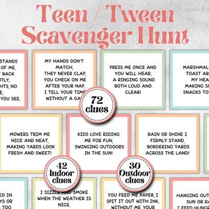 以下が含まれることがあります： 正方形のカードにヒントが書かれた、カラフルなTeen/Tween Scavenger Huntゲーム。ゲームには72個のヒント、42個の屋内ヒント、30個の屋外ヒントが含まれています。カードのテキストは、宝探しのためのヒントを提供します。