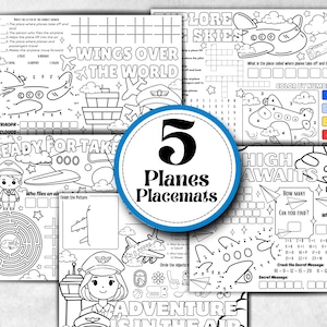 May include: Five black and white airplane-themed placemats with various activities, including a maze, connect-the-dots, and color-by-number. The placemats feature illustrations of airplanes, pilots, and related imagery. Text includes "Wings Over The World" and "Adventure in the Air".