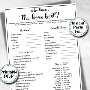 Op de afbeelding: Een wit printbaar gezelschapsspelblad getiteld Who Knows The Boss Best? met secties voor All About, Favorite Things, Ever Or Never en This Or That. Het document bevat twee ronde badges met de tekst Instant Party Fun en Printable PDF.