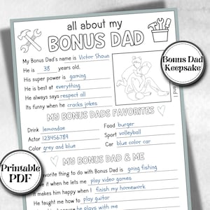 Op de afbeelding: Een afdrukbaar PDF-aandenken met de titel "all about my BONUS DAD". Het formulier bevat invulvelden voor persoonlijke gegevens, favorieten en activiteiten. Het ontwerp bevat illustraties van gereedschap, een vader-kind-omhelzing en een cirkelvormig "Bonus Dad Keepsake"-label.