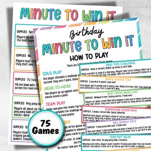 Puede incluir: Hojas de juego impresas coloridas tituladas "Minute to Win It" y "Birthday Minute to Win It" con instrucciones para juegos de fiesta. Las hojas incluyen nombres de juegos, listas de suministros y reglas. Un gráfico circular dice "75 Juegos".