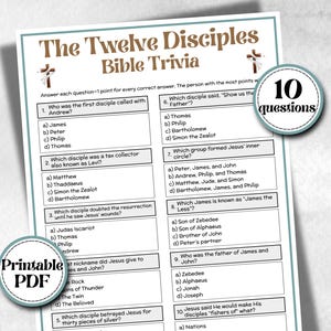 May include: A printable PDF Bible trivia game titled "The Twelve Disciples." The game features ten questions about the disciples, with multiple-choice answers. The design includes decorative crosses and a circular graphic that says "10 questions."