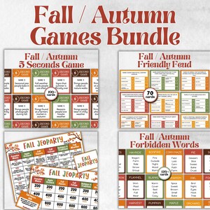 May include: A Fall/Autumn Games Bundle featuring four printable game sets: 5 Seconds Game, Friendly Feud, Jeopardy, and Forbidden Words. The collection includes cards and score sheets with seasonal themes in orange, green, and brown color palettes.