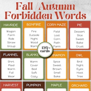 May include: A game set titled Fall / Autumn Forbidden Words featuring a grid of colorful rectangular cards. Each card displays a category header like Hayride, Bonfire, or Corn Maze, with five associated words listed below. A central badge states 120+ cards.