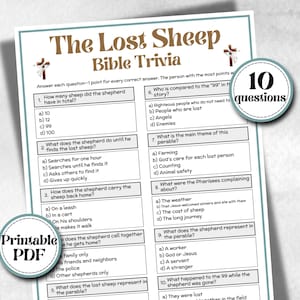 May include: A printable PDF Bible trivia game titled "The Lost Sheep." The game features 10 questions about the parable of the lost sheep. The questions are in a grid format with multiple-choice answers. The game is designed for educational or recreational use.