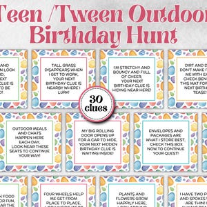 May include: A Teen/Tween Outdoor Birthday Hunt game with 30 clues. Each clue is on a square card with a watercolor egg design. The game's title is in pink, and the clues are in various colours.