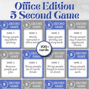 May include: A board game titled "Office Edition 5 Second Game" with cards featuring office-related prompts. The game includes over 100 cards with questions like "Things people say before quitting" and "Ways people waste time at work."