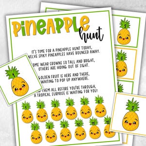 May include: A printable "Pineapple Hunt" game with a green and yellow border. The game includes a poem and numbered pineapple illustrations. Two smaller cards with pineapple illustrations are also included.