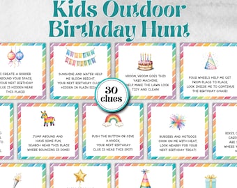 子供向け屋外誕生日宝探しゲーム、男の子と女の子の誕生日、年長の子供向けゲーム、記念すべき誕生日プレゼント、トリッキーな宝探し、30のヒント