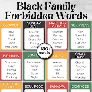 May include: A game titled "Black Family Forbidden Words" with colorful cards. Each card features a category and a list of related words. The game includes over 150 cards, perfect for family game night.