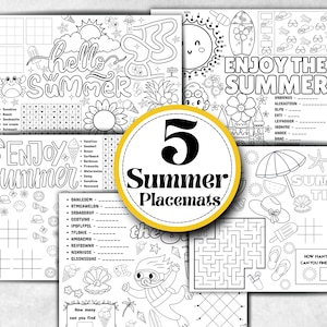 May include: Five summer-themed placemats with various activities, including mazes, word searches, and tic-tac-toe. The placemats feature summer-related graphics and the phrases "Hello Summer" and "Enjoy the Summer". The placemats are designed for coloring.