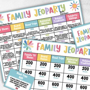 May include: A Family Jeopardy game set featuring colorful game sheets and cards with categories like TV Shows, Board Games, Road Trips, Animated Movies, Holiday Traditions, and Celebrity Siblings. The sheets include point values and trivia questions.