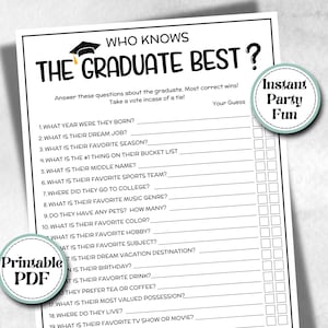 Op de afbeelding: Een wit spelblad voor een afstudeerfeest met de titel Who Knows The Graduate Best? en een zwart icoon van een baret. Het bevat negentien genummerde vragen met invullijnen en selectievakjes, plus twee ronde badges met de tekst Instant Party Fun en Printable PDF.