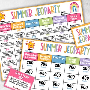 May include: A collection of colorful "Summer Jeopardy" game sheets and score cards. The game sheets feature categories like "Beach Bag Essentials" and "Road Trips", with point values and clues. A rainbow graphic is also present.