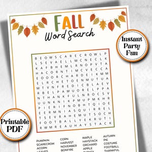 May include: A printable Fall Word Search game sheet featuring a grid of letters, a list of autumn-themed words, and a decorative garland of colorful leaves at the top. The page includes two circular orange badges with the text Instant Party Fun and Printable PDF.