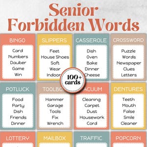 Puede incluir: Un juego de mesa llamado "Senior Forbidden Words" con tarjetas coloridas. Cada tarjeta tiene una categoría y una lista de palabras prohibidas. El juego incluye más de 100 tarjetas, perfecto para personas mayores.