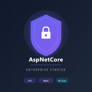 Pode incluir: Gráfico digital com um escudo roxo e um ícone de cadeado branco sobre um fundo azul escuro. O texto "AspNetCore" está em branco, com "ENTERPRISE STARTER" abaixo. O texto adicional inclui "JWT", "RBAC" e "EF Core".