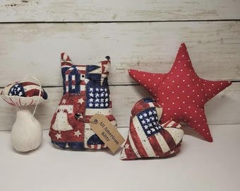 Americana Primitive Handmade Plush Cat Star Heart & Mushroom Decor 4 Pc Set