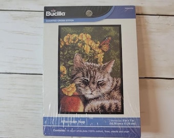 Bucilla Cat Cross Stitch Kit Afternoon Nap Striped Tabby Kitty Sleeping 5" x 7"