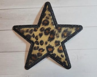 Cheetah Print Star Patch with Black Glitter Iron On 4"