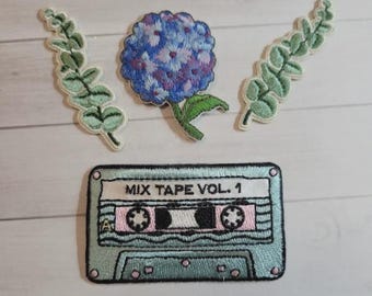 Embroidered Iron-On Patches: Mix Tape, Hydrangea, Eucalyptus Set of 4 – Floral Botanical Appliques