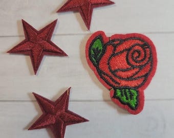 Set of 4 Embroidered Iron On Patches Stars Rose Crafts Hats Jackets Bags