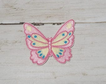 Butterfly Light Mauve/Multi Pastels - Embroidered Iron On Patch 2" x 2.4"