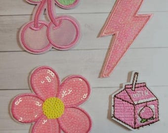 Set of 4 Pink Embroidered Patches Flower Cherries Lightning Bolt Milk Iron On