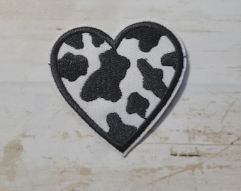 Cow Print Embroidered Iron On Heart Patch