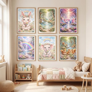 May include: Six framed art prints with whimsical illustrations. The prints feature a bunny, an elephant, and forest scenes with rainbows, waterfalls, and the word "LOVE". The colour palette includes pastels and soft hues, creating a dreamy aesthetic.
