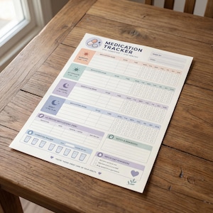 May include: A medication tracker on a wooden table. The tracker has sections for medication names, doses, and times, with checkboxes for each day of the week. It includes a hydration tracker and reminders. The text "MEDICATION TRACKER" is at the top.