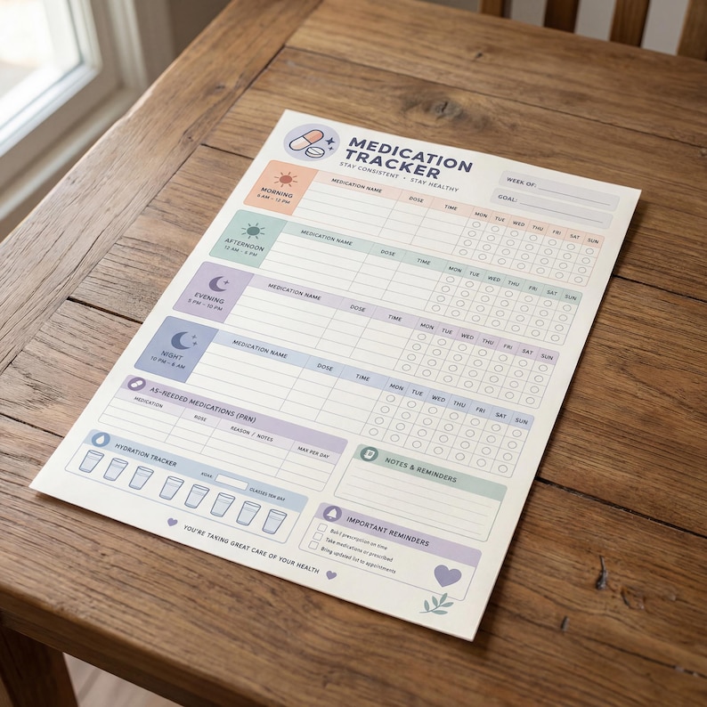 May include: A medication tracker on a wooden table. The tracker has sections for medication names, doses, and times, with checkboxes for each day of the week. It includes a hydration tracker and reminders. The text "MEDICATION TRACKER" is at the top.