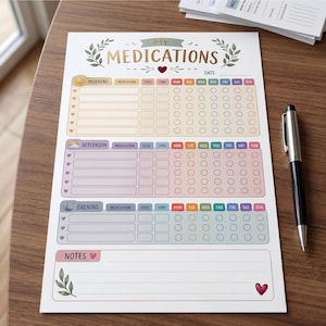 May include: A medication tracker sheet titled MY MEDICATIONS with sections for morning, afternoon, and evening. Each section includes columns for medication name, dose, time, and checkboxes for days of the week. A notes section is at the bottom.