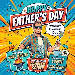 May include: A colourful comic-style graphic for Father's Day featuring a man in a plaid shirt holding a spatula. Text includes "Happy Father's Day", "World's Okayest Dad", "Certified Grill Master", "Professional Problem Solver", and "Powered by Coffee & Dad Jokes".