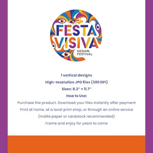 May include: A digital design product featuring a colourful logo with the text "FESTA VISIVA DESIGN FESTIVAL". The image details high-resolution JPG files, sizes (21.08 cm x 29.72 cm), and instructions for use.
