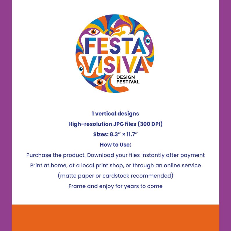 May include: A digital design product featuring a colourful logo with the text "FESTA VISIVA DESIGN FESTIVAL". The image details high-resolution JPG files, sizes (21.08 cm x 29.72 cm), and instructions for use.