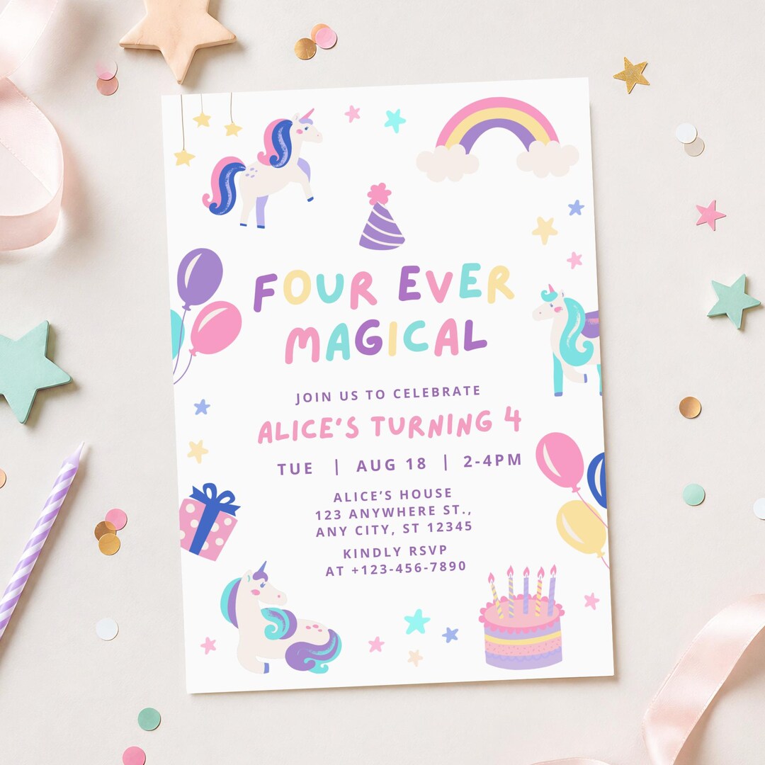 Unicorn 4th Birthday Invitation | Editable Canva Template Girls - Etsy