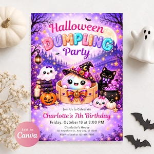 Może przedstawiać: Zaproszenie na Halloween Dumpling Party z fioletowym nocnym niebem, pełnią księżyca i uroczą postacią pierożka w bambusowym parowniku w kapeluszu czarownicy. Zawiera tekst o 7. urodzinach Charlotte w piątek 16 października o godzinie 15:00.