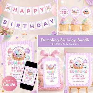 Editable Dumpling Birthday Party Bundle, Invitation Tag Sign Toppers Banner Canva Templates