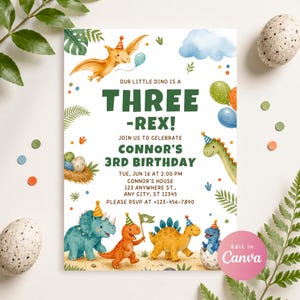 May include: A birthday invitation card featuring watercolor illustrations of colorful dinosaurs wearing party hats. The text reads: OUR LITTLE DINO IS A THREE-REX! JOIN US TO CELEBRATE CONNOR'S 3RD BIRTHDAY, TUE, JUN 16 AT 2:00 PM, CONNOR'S HOUSE, 123 ANYWHERE ST.
