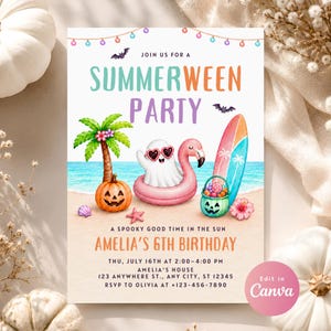 May include: A Summerween party invitation featuring a beach scene with a palm tree, a jack-o'-lantern, a ghost in a pink flamingo floatie, a surfboard, and a candy bucket. Text includes JOIN US FOR A SUMMERWEEN PARTY, A SPOOKY GOOD TIME IN THE SUN, AMELIA'S 6TH BIRTHDAY, and event details.